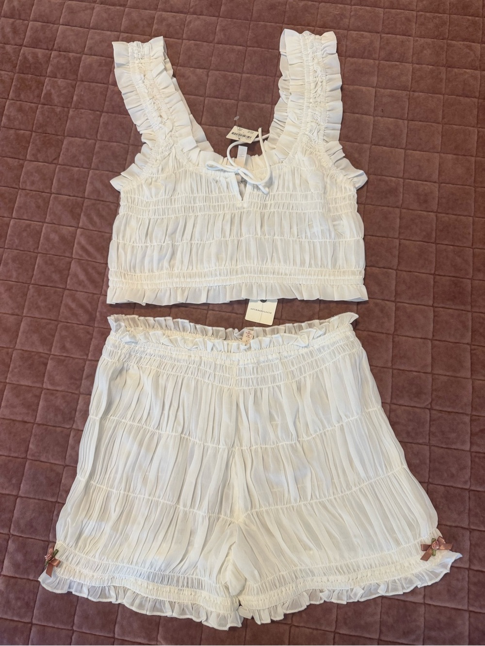 Anthropologie ivory Ruffled Two-Piece Crop Top & Shorts Set